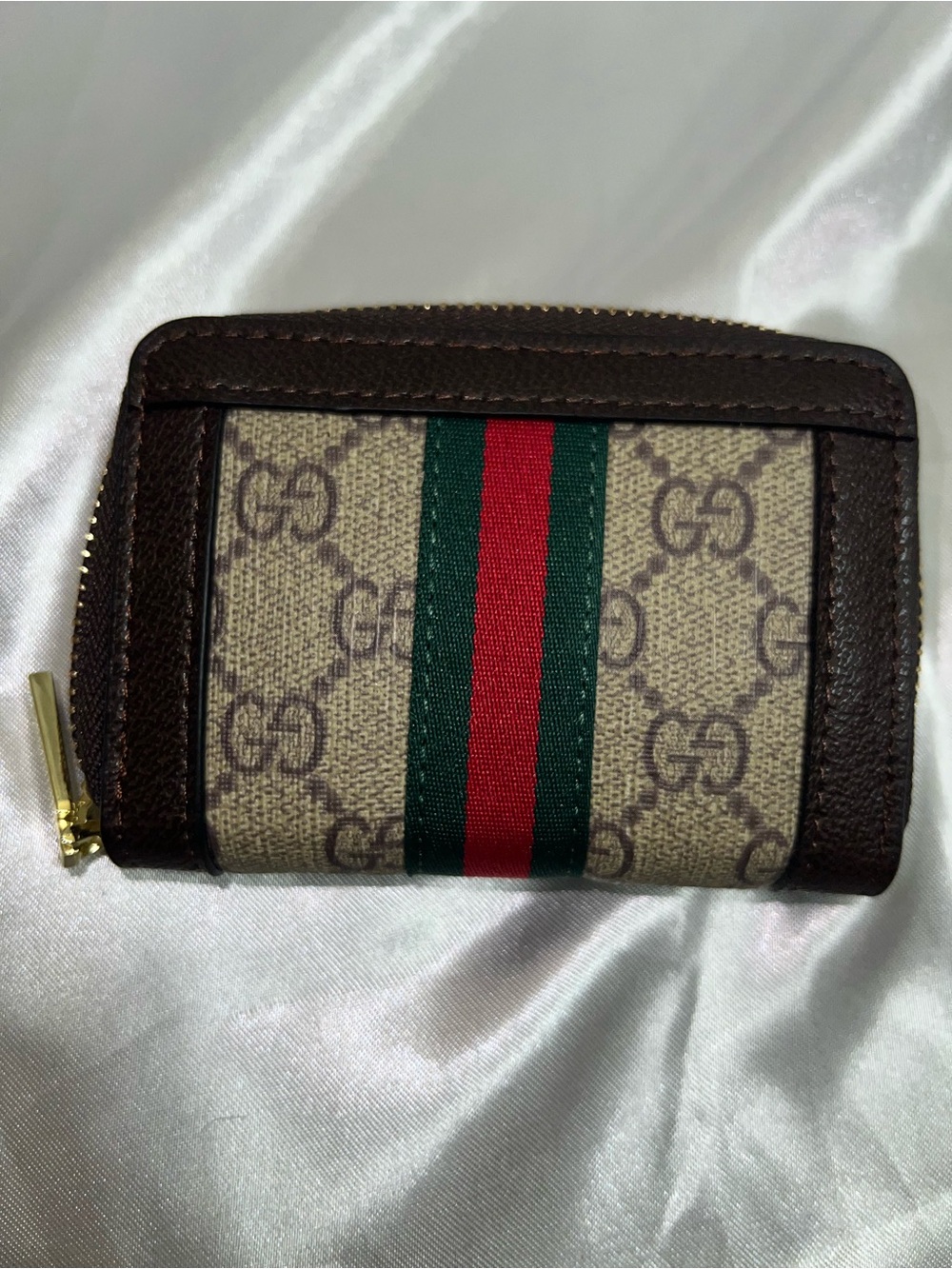Brown Monogram Zip Card Case with Green-Red Stripe